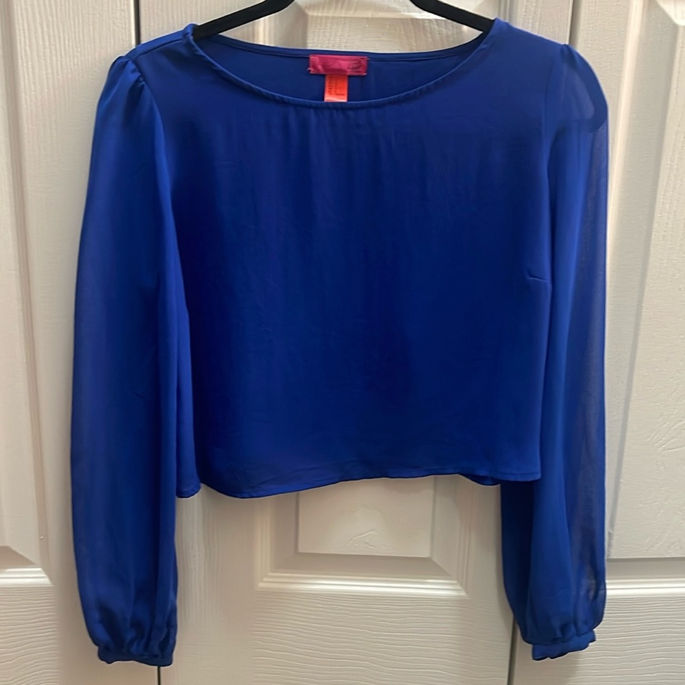 Blue blouse sheer arms with a cut on back